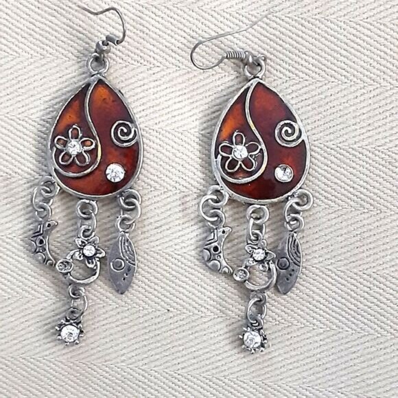 Celestial silver tone 2" drop earrings neutral tones enamel moon floral - Picture 1 of 2